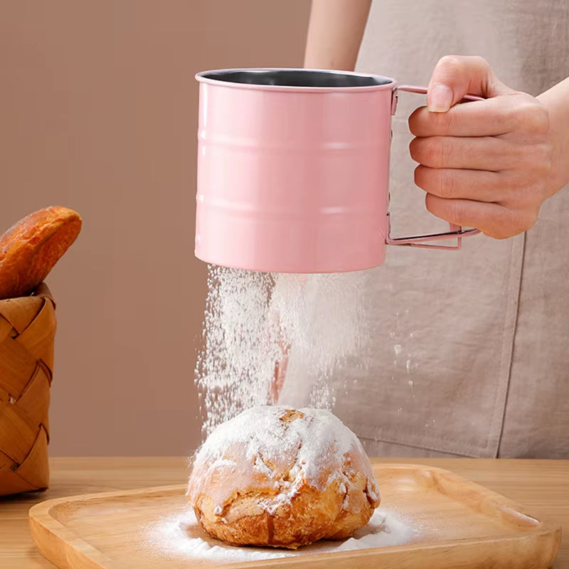 Semi-Automatic Flour Sifter, a Household Kitchen Baking Tool, Handheld Stainless Steel Filter for Powdered Sugar and Flour